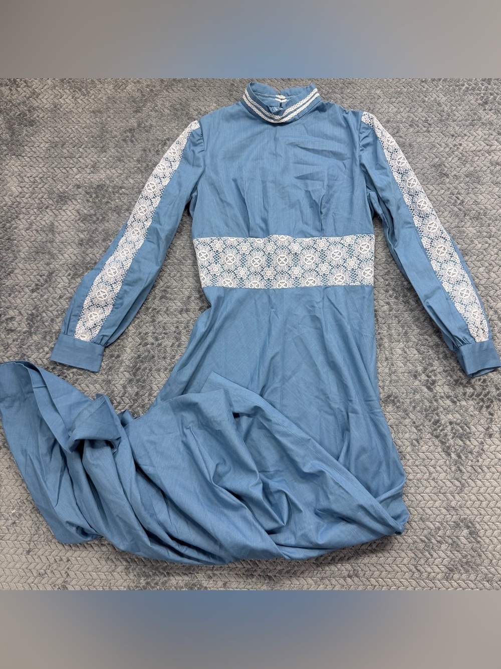 Vintage 1970s Gunne Sax Style Blue Chambray Maxi Dress with White Lace Insets